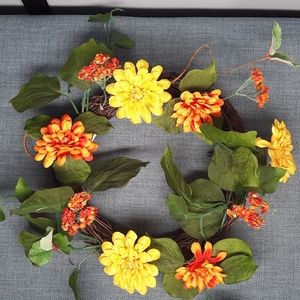 Zinnia Wreath Yellow Orange Flower Artificial Floral Candle Ring Centerpiece